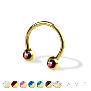 GOLD IP OVER 316L SURGICAL STEEL FRONT FACING PRESS FIT GEM BALLS HORSESHOE FOR NIPPLE, SEPTUM AND EAR CARTILAGE PIERCINGS